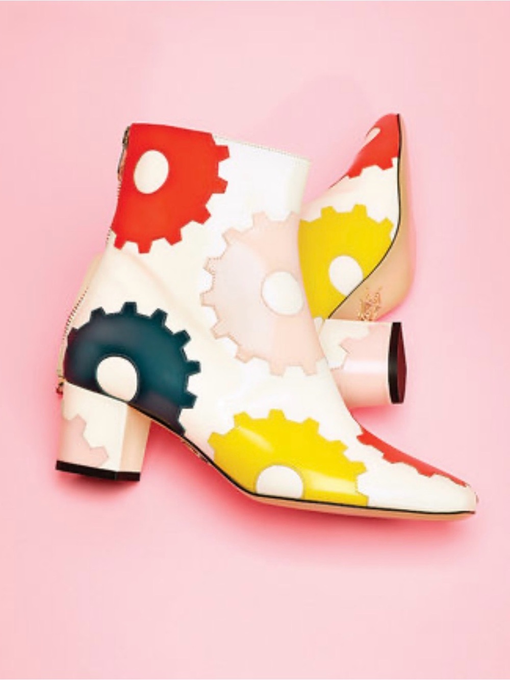 Charlotte Olympia White Leather Ankle Boots with Red, Yellow & Navy Gear Print